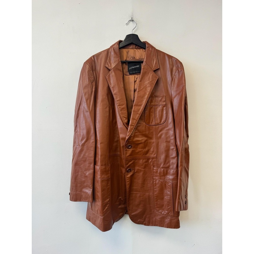 Vintage JCPenney Blazer Mens Large‎ Brown Leather Button Long Coat Jacket 70s